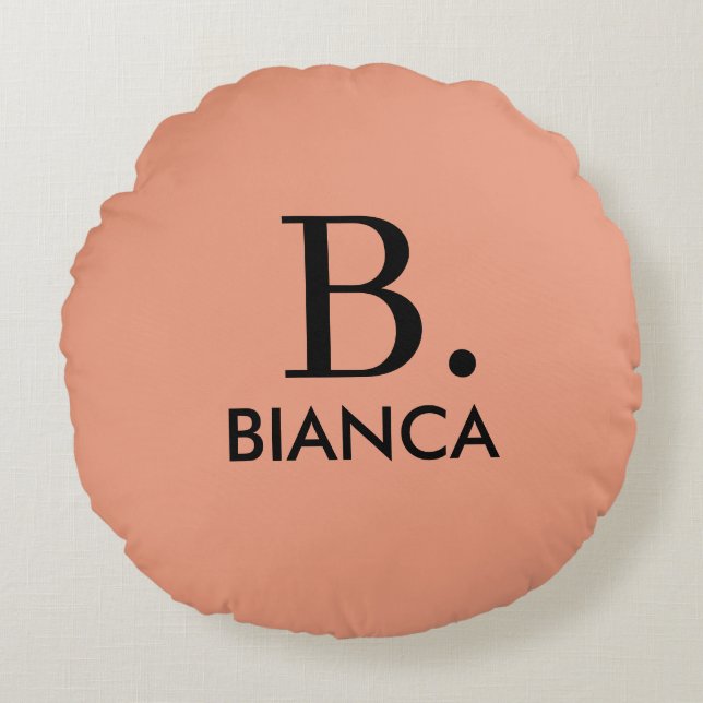Simple coral pink minimalist monogram round pillow (Front)
