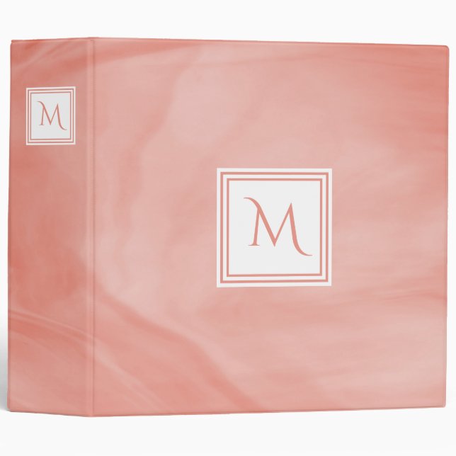 Simple Coral Pink Subtle Marble Modern Monogram Binder (Front/Spine)