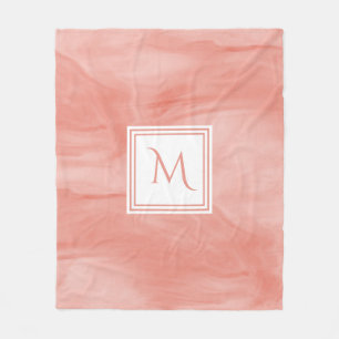 Simple Coral Pink Subtle Marble Modern Monogram Fleece Blanket
