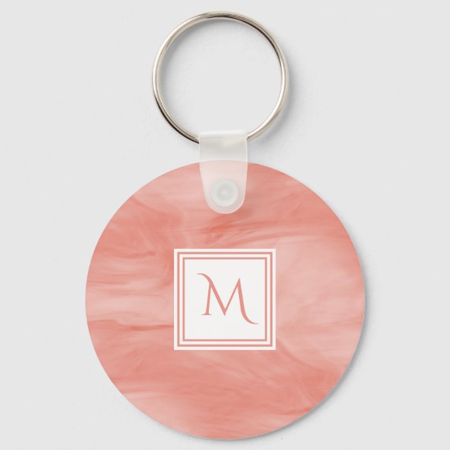 Simple Coral Pink Subtle Marble Modern Monogram Keychain (Front)