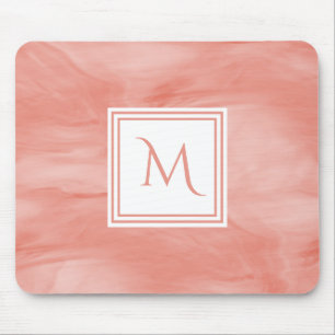 Simple Coral Pink Subtle Marble Modern Monogram Mouse Pad