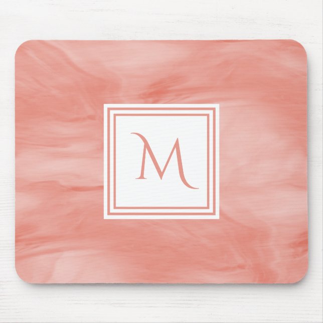 Simple Coral Pink Subtle Marble Modern Monogram Mouse Pad (Front)