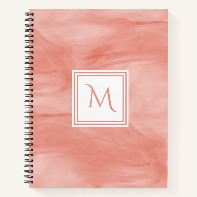 Simple Coral Pink Subtle Marble Modern Monogram Notebook (Front)