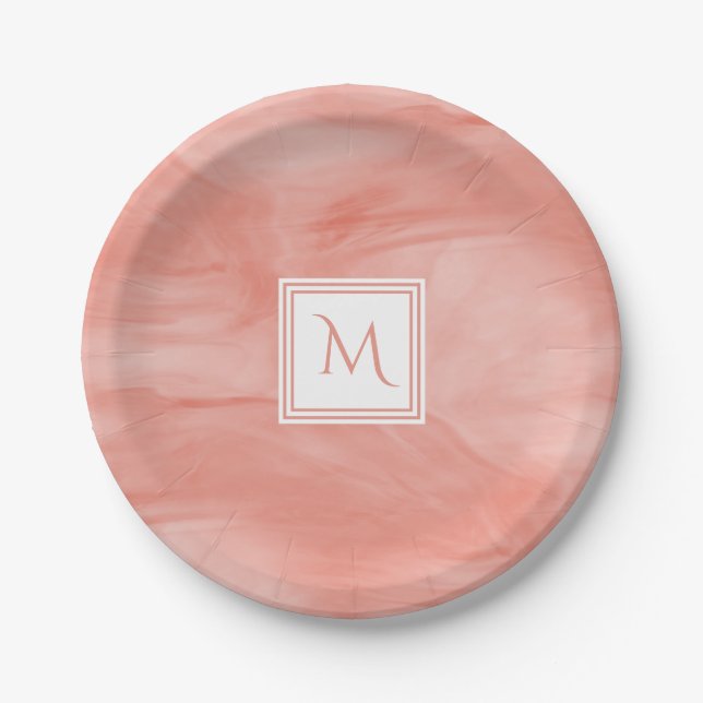 Simple Coral Pink Subtle Marble Modern Monogram Paper Plate (Front)