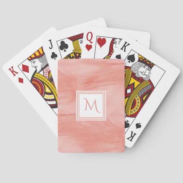 Simple Coral Pink Subtle Marble Modern Monogram Playing Cards (Back)