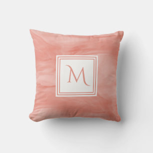 Simple Coral Pink Subtle Marble Modern Monogram Throw Pillow