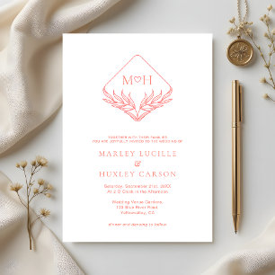 Simple Coral Pink White Boho Monogram Wedding Invitation