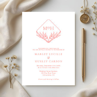 Simple Coral Pink White Boho Monogram Wedding Invitation