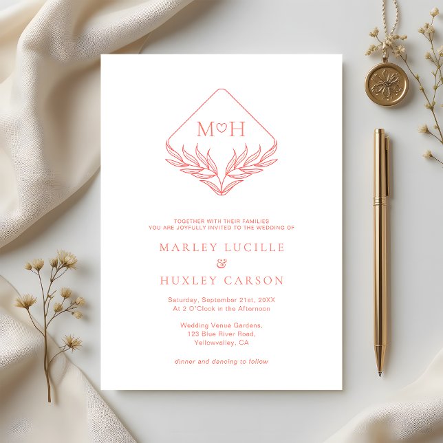 Simple Coral Pink White Boho Monogram Wedding Invitation (Creator Uploaded)