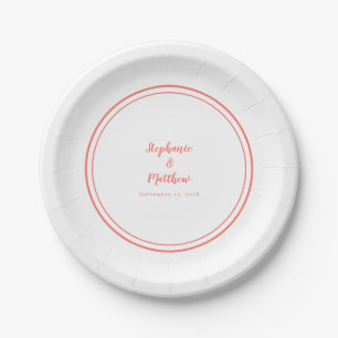 Simple Coral White Bride & Groom Wedding Paper Plate