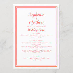 Simple Coral White Wedding Reception Menu Dinner