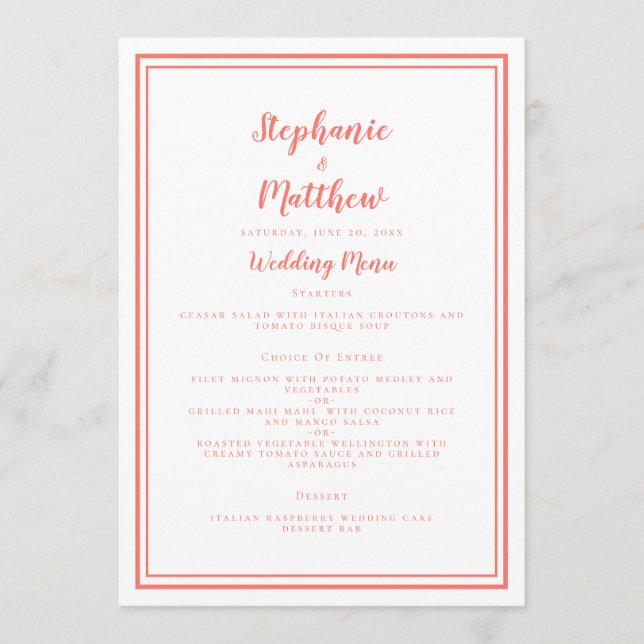 Simple Coral White Wedding Reception Menu Dinner (Front)