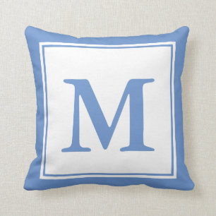 Simple Cornflower Blue and White Monogrammed Throw Pillow