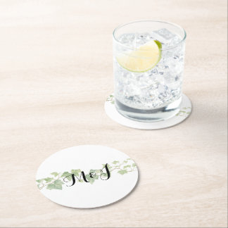 Simple Couple Script Initials Ivy Wedding Round Paper Coaster
