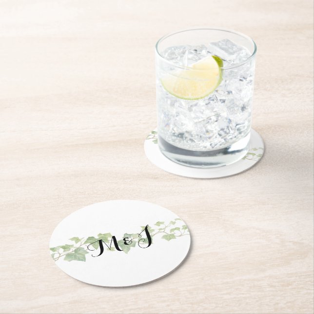 Simple Couple Script Initials Ivy Wedding  Round Paper Coaster (Insitu)