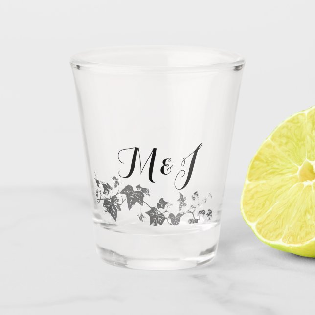 Simple Couple Script Initials Ivy Wedding  Shot Glass (Front)
