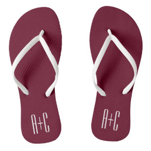 Simple Couples Initials   White & Burgundy Flip Flops