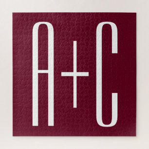 Simple Couples Initials White & Burgundy Jigsaw Puzzle