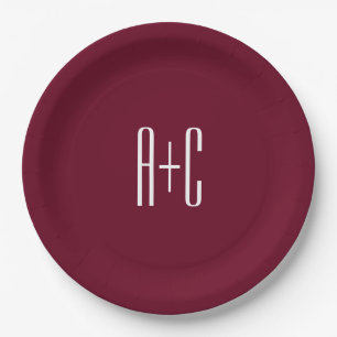 Simple Couples Initials   White & Burgundy Paper Plate