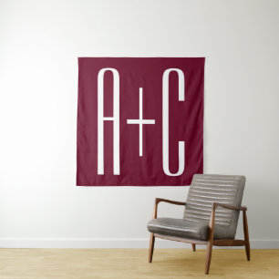 Simple Couples Initials White & Burgundy Tapestry