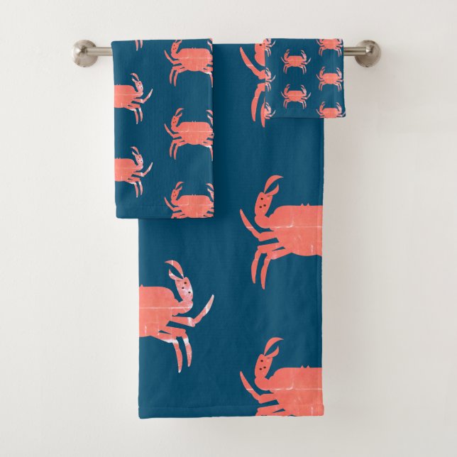 SimPle Crab Ocean Pattern  Navy Grunge Bath Towel Set (Insitu)
