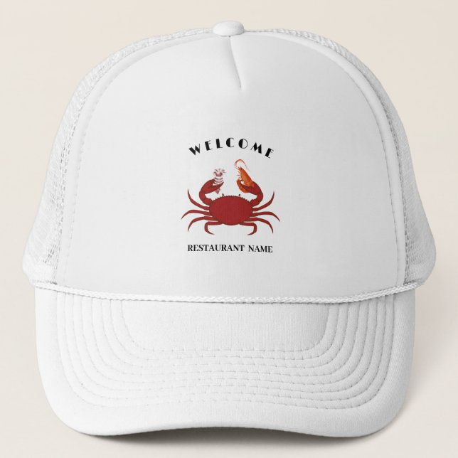 Simple crab shrimp seafood Restaurant logo name Trucker Hat (Front)