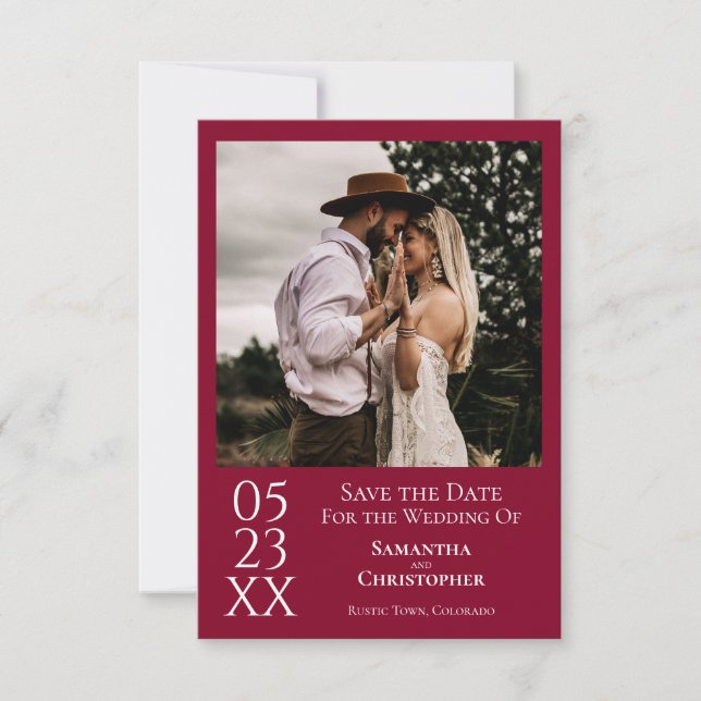 Simple Cranberry Red Modern Minimal Photo Wedding Save The Date (Front)