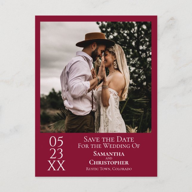 Simple Cranberry Red Wedding Save the Date Photo Postcard (Front)
