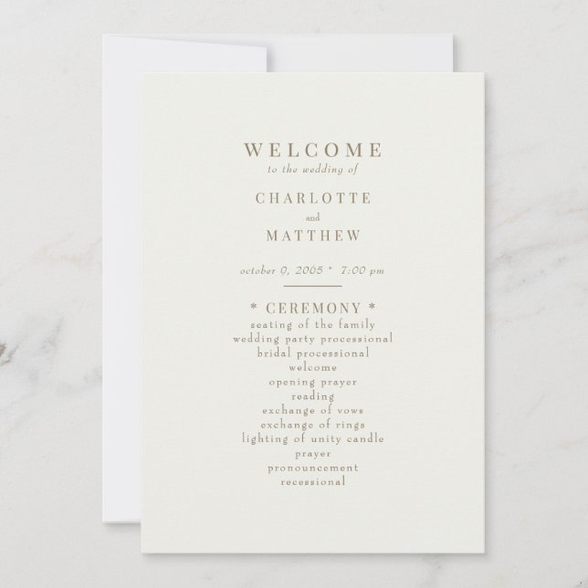 Simple Cream Gold Text Wedding Program (Front)