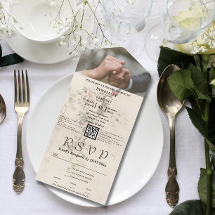 Simple Cream Ivory Floral Butterfly QR Code Photo All In One Invitation