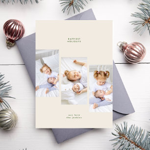 Simple Cream Minimal Christmas Green 3 Photo Frame Holiday Card