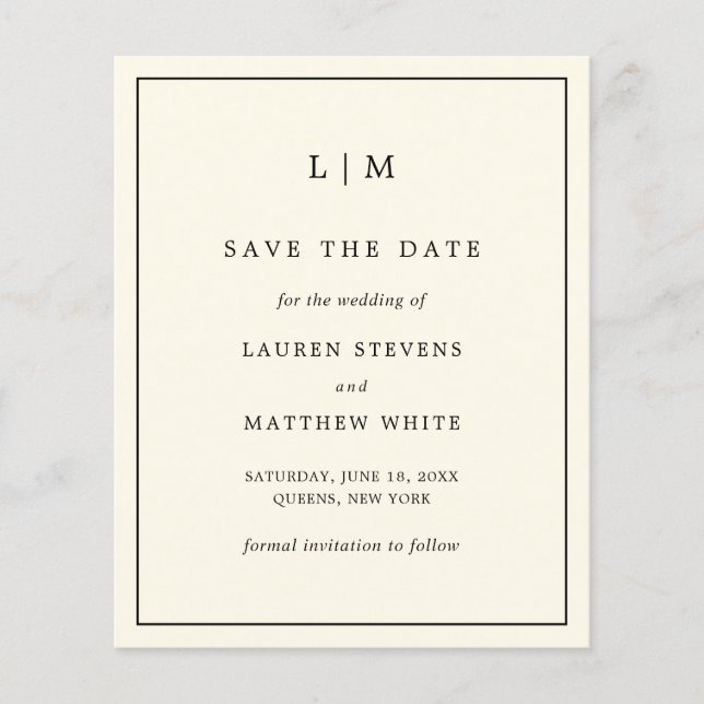 Simple Cream Monogram Budget Wedding Save the Date (Front)