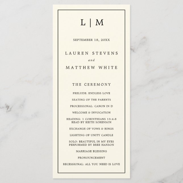 Simple Cream Monogram Elegant Wedding Program (Front)