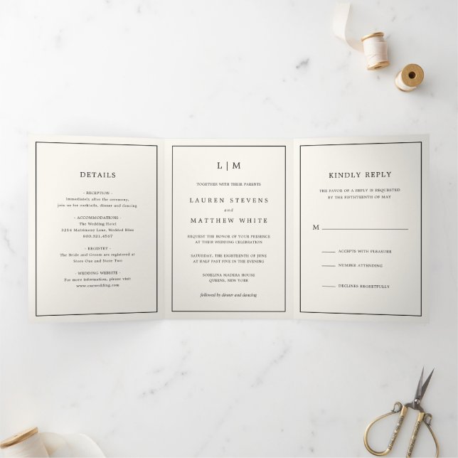 Simple Cream Monogram Elegant Wedding Tri-Fold Invitation (Inside)