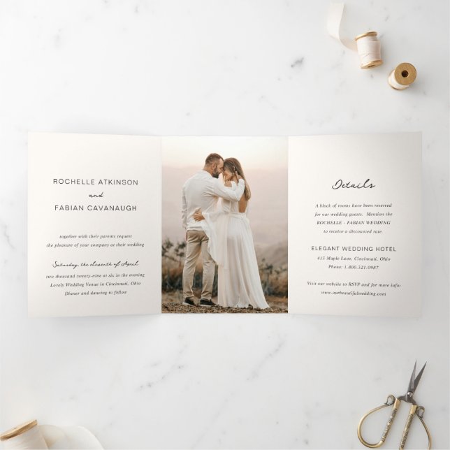 Simple Cream Photo Elegant Wedding Tri-Fold Invitation (Inside)