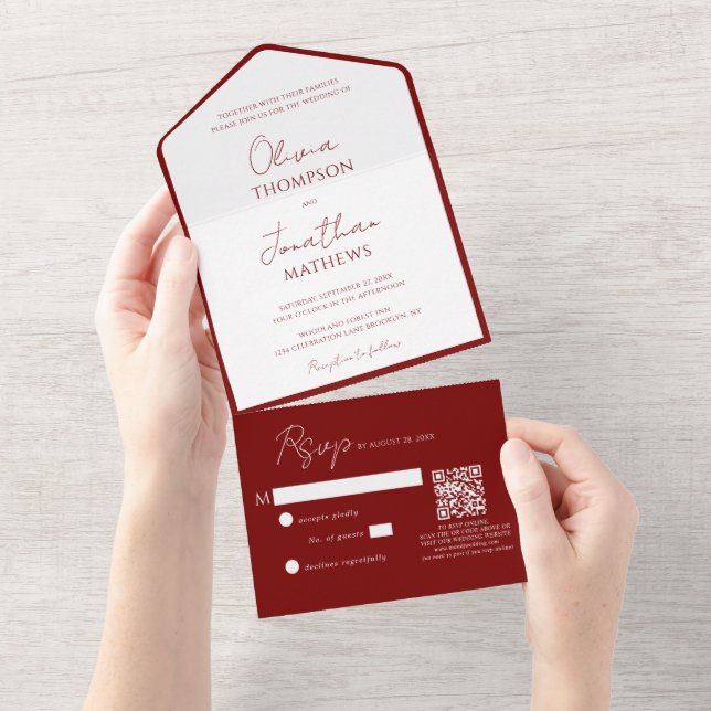 Simple Crimson Red Border Script QR Code Wedding All In One Invitation (Tearaway)