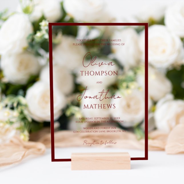 Simple Crimson Red Border Script Wedding Acrylic Invitations (Creator Uploaded)