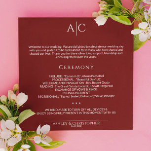 Simple Crimson Red Monogram Wedding Ceremony Program