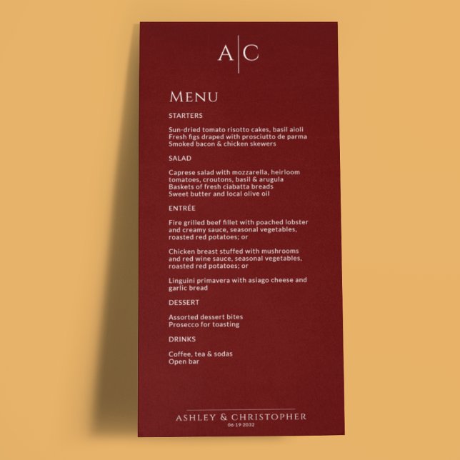 Simple Crimson Red Monogram Wedding Reception Menu (Creator Uploaded)