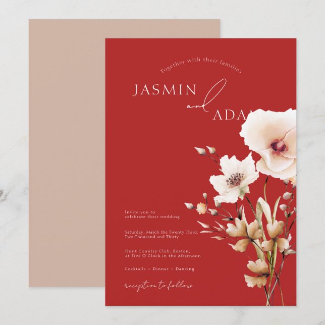 Simple Crimson Red Pink Wildflowers Floral Wedding Invitation (Front/Back)