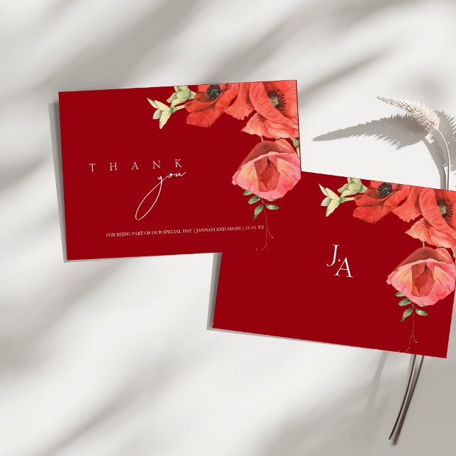 Simple Crimson Red Poppies Floral Wedding Thank You Card (Simple Crimson Red Poppies Floral Wedding Thank You Card)