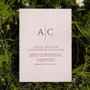 Simple Crimson Red & Rose Monogram Wedding Invitation
