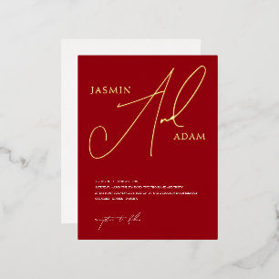 Simple Crimson Red Script Wedding Gold Foil Invitation Postcard