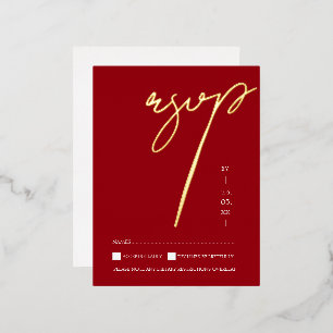 Simple Crimson Red Script Wedding RSVP Gold Foil Invitation Postcard