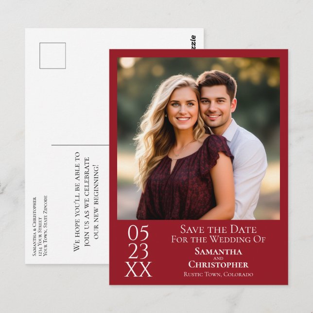 Simple Crimson Red Wedding Save the Date Photo Postcard (Front/Back)