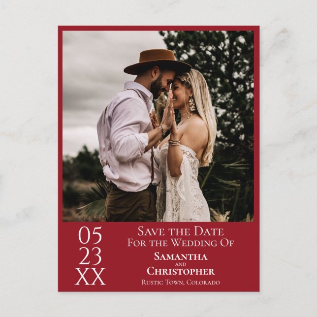 Simple Crimson Red Wedding Save the Date Photo Postcard (Front)
