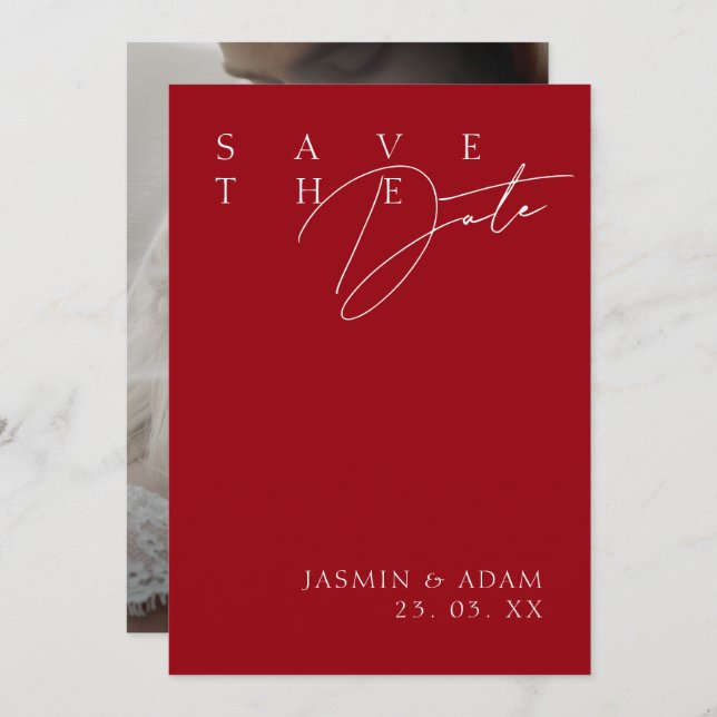 Simple Crimson Red White Modern Photo Wedding Save The Date (Front/Back)