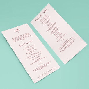 Simple Crimson & Rose Monogram Wedding Ceremony Program