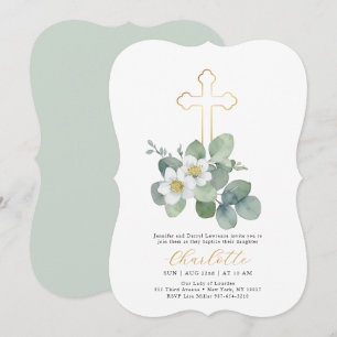 Simple Croix Religieuse Verdure Baptême Invitation