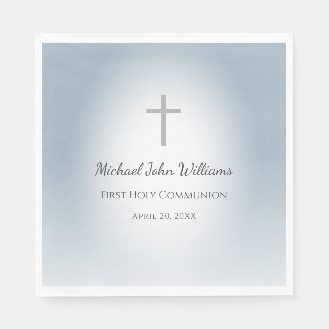 Simple Cross Blue Boys First Communion Celebration Napkin (Front)